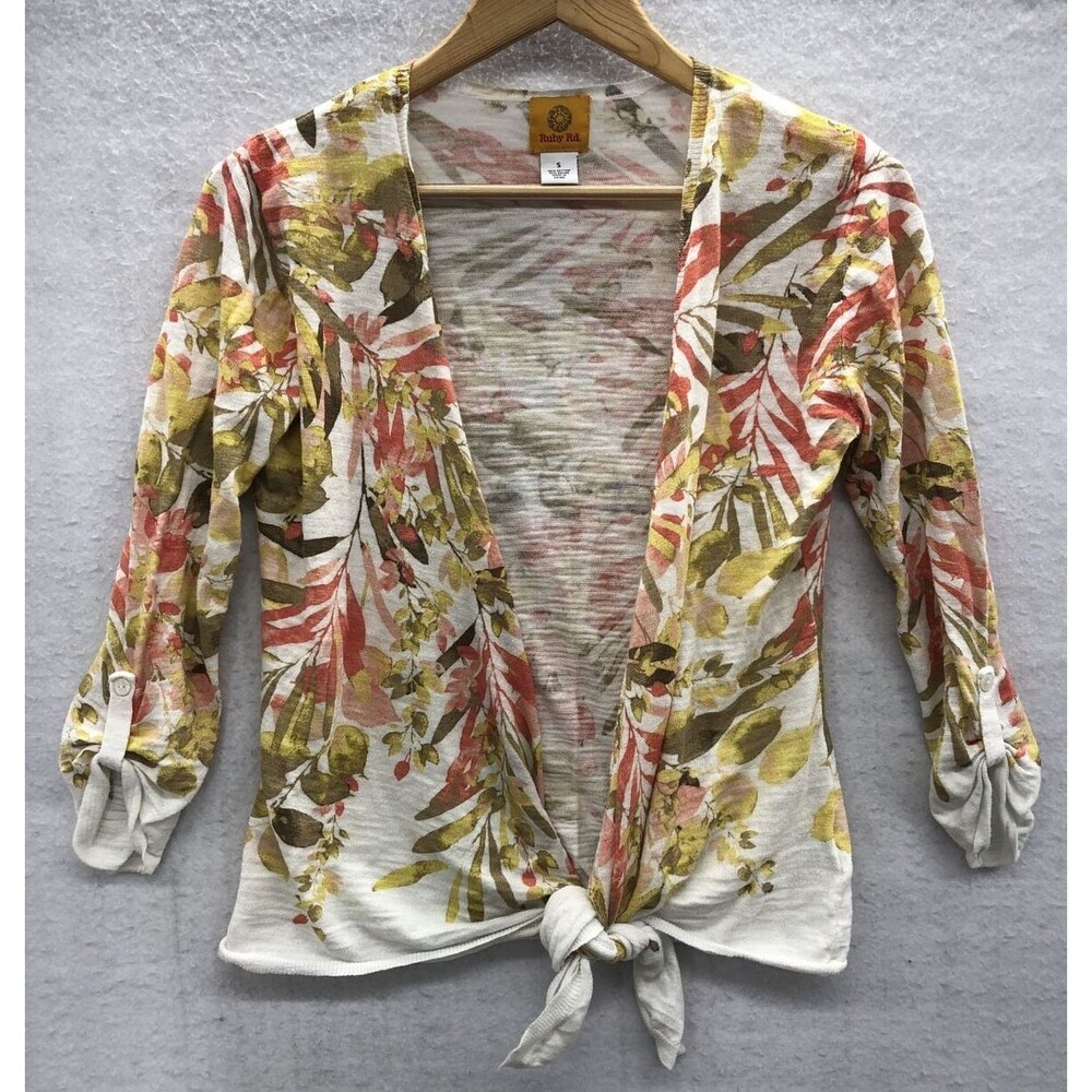 Ruby Rd Open Cardigan Womens Small Leaf Print Autumn Cottagecore Roll Tab Sleeve